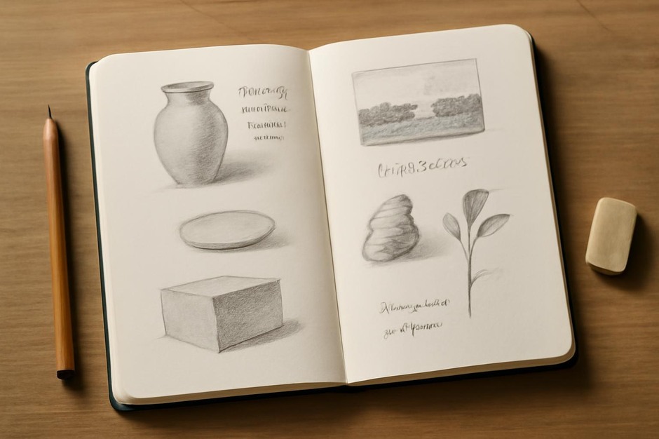 Open sketchbook with quick material studies and notes