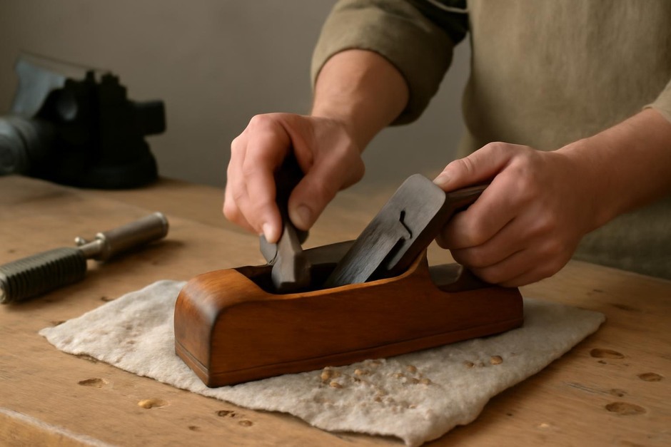 Wooden-bodied hand plane on a workbench