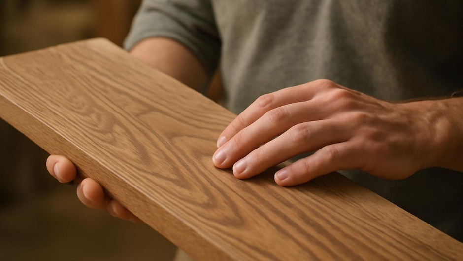 Close-up of wood grain on a plank under soft light