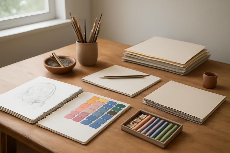 Abstract art desk with color swatches, brush marks, and sketchbook studies.