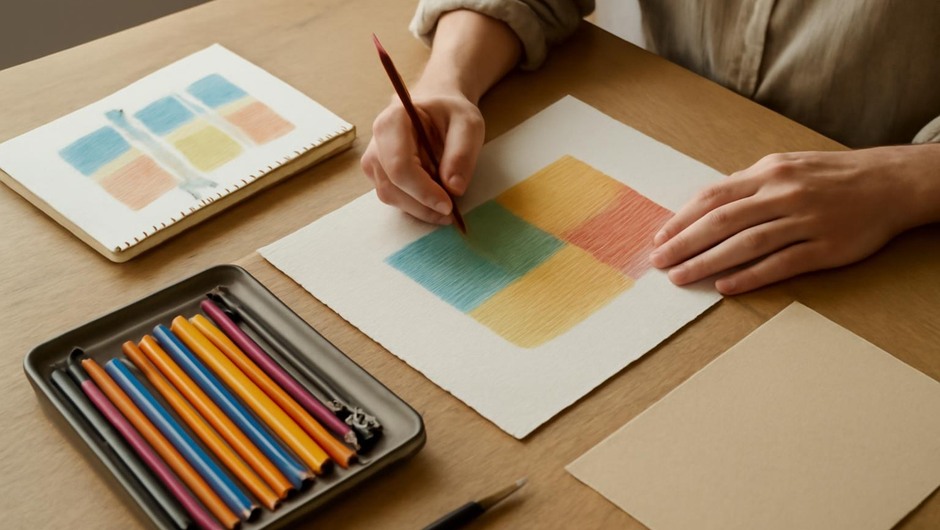 Bright studio image with paint textures, paper layers, and geometric color blocks.